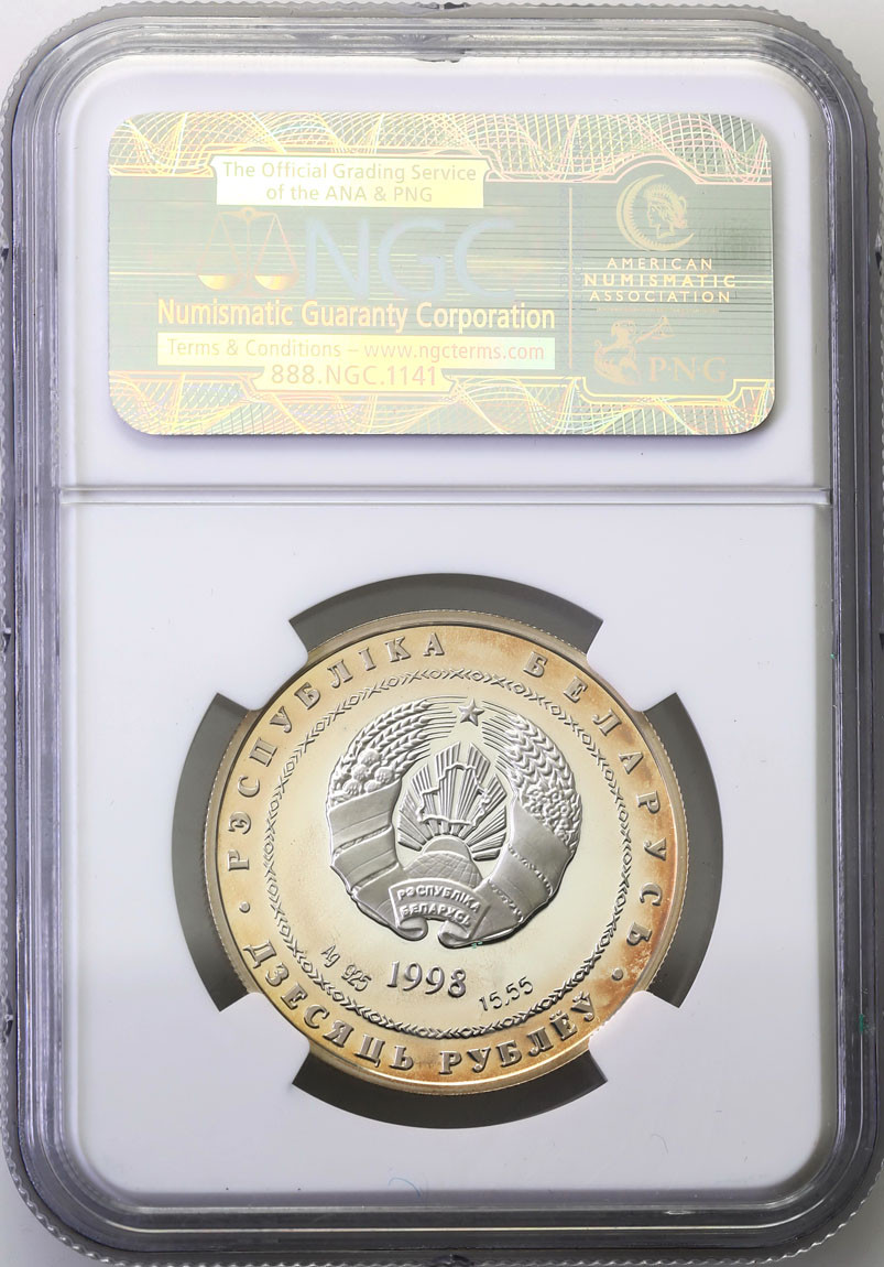 Białoruś. 10 rubli 1998 Adam Mickiewicz (prawidłowy) NGC PF68 ULTRA CAMEO (2 MAX)